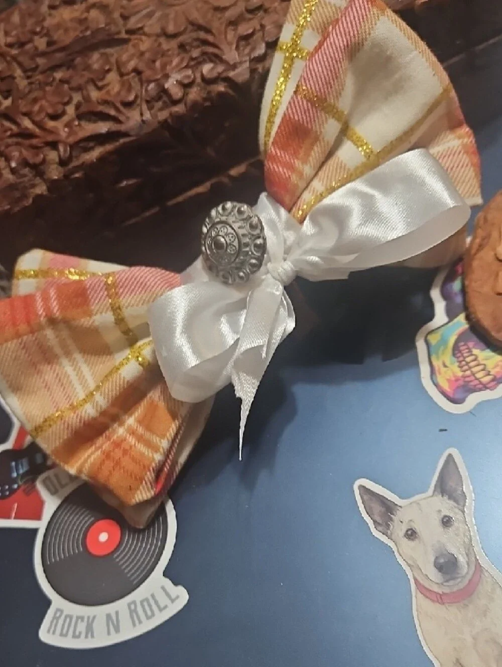 Hand Crafted Pet Collar Bow Tie Accent Vintage Metal Button NEW